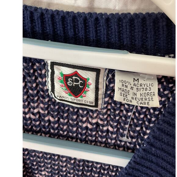 Vtg Paris Sport Club Cardigan Sweater Womens Medium 80’s Navy Pink - Picture 3 of 6